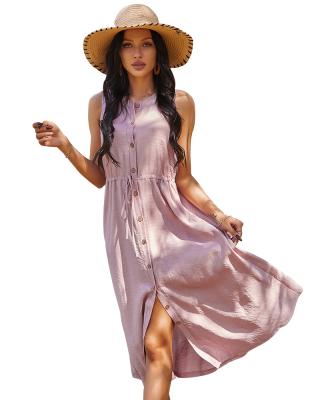 China SS21 Womens Breathable O-Neck Solid Sleeve Edge Beach Longlength Joining Dresses for sale