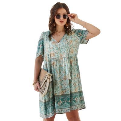 China 2021 summer new breathable v-neck button printed waist tassel with shortsleeves pius waist casual dress for sale