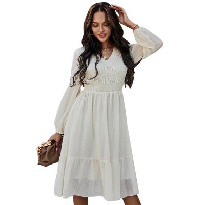 China New SS21 Breathable Fabric Design Woven Lace Solid Long Sleeve V-Neck Casual Casual Dresses For Women for sale