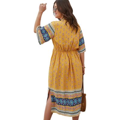 China 2021 Women Clothing Breathable V-Neckline With Lace Trims Border Print Shortsleeve Plus Size Women Print Bohemian Dresses for sale