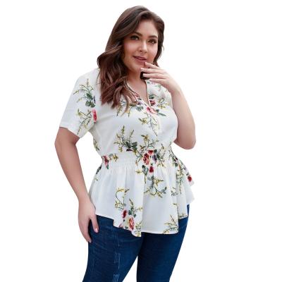 China Ladies Anti-Shrink Clothes Zipper Elastic V-Neck Shortsleeve Waist Floral Print Plus Size Casual Blouse for sale