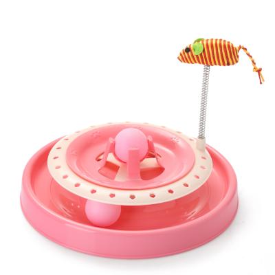 China Blue Pink Flat Stocked Cat Interactive Pet Turntable Puzzle Playground Track Toy With Spring Mouse for sale