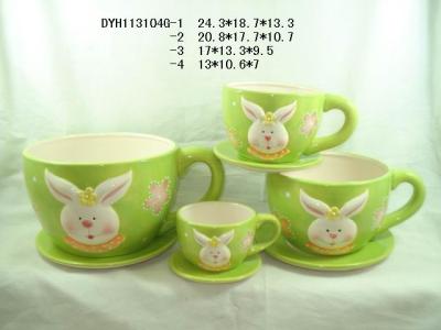 China Rabbit Ceramic Flower Pots And Planters Big Cup Shape With Saucer For Easter for sale