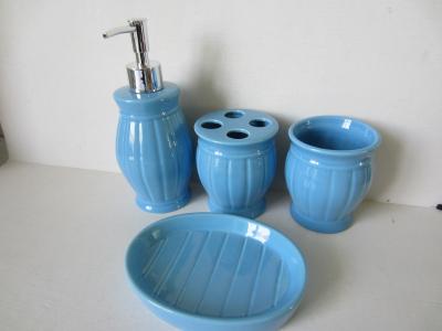 China Barrel Shaped Blue Ceramic Bathroom Accessories Sets With Soap Holder for sale