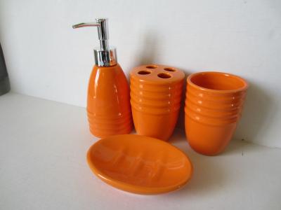 China Fashionable Orange Ceramic Bath Set With Toothbrush Cup , Lotion Dispenser for sale