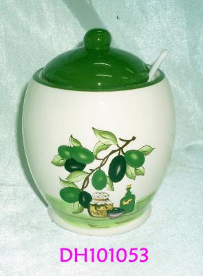 China Olive Design Ceramic Cookie Jar With Small Porcelain Spoon 9.5 X 9.5 X 13 Cm for sale