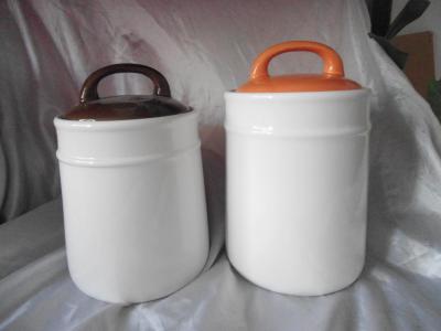 China White Dolomite Ceramic Cookie Jar Coffee Box With Orange Lid 10.5 X 10.5 X 17.6 Cm for sale