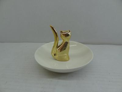 China White Porcelain Jewelry Holder With Shining Golden Lovely Cat For Valentine'S Day Gift for sale