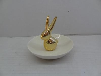 China Porcelain Jewelry Ring Holder With Bright Golden Rabbit 10 X 10 X 8.5 Cm for sale