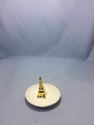 China Eiffel Tower Porcelain Jewelry Holder Plate With Real Gold Line For Small Gift for sale