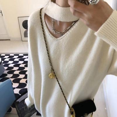 China Anti-wrinkle 2022 autumn and winter new design tortoise half sweater solid color knitted women sweater sexy hollow neck women for sale