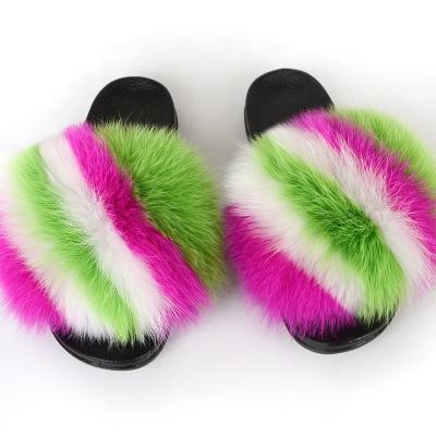 China Fashion Trend LOGO Summer Furry Real Fur Slippers Wholesale Custom Slides For Women Fox Fur Fluffy Slippers for sale