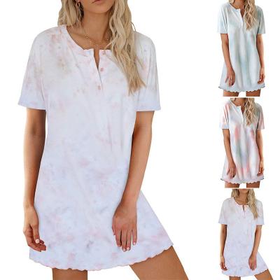 China QUICK DRY Tie Dye Housewear Button Pajamas Pleated Robe Women Short Sleeves Tie Dyed Pajamas Nightgown Sleepwear for sale