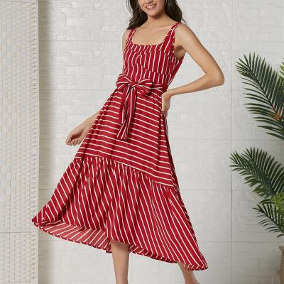 China 2021 Summer New Bohemia Holiday Style Fashion Sleeveless Backless Stripe Anti-Static Printing Casual Women Dress for sale