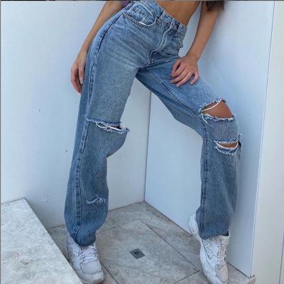 China Pants street QUICK DRY loose slim shot ripped holes distressed high waist wide leg ladies women jeans for sale