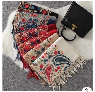 China New Autumn And Winter Style Soft Touch Feeling Nepal Embroidery Style Cashmere Cashmere Tassel Thick Scar Warm Thick Scarf Ethnic Colorful Large Size Scarf Shawl for sale