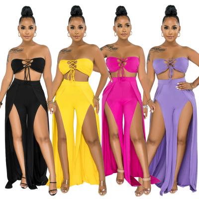 China New Sexy Summer Viable Plus Size Women Sets Fashionable High Leg Strapless Wide Leg Pants Tie Sports Custom Breathable Two Piece Suit for sale