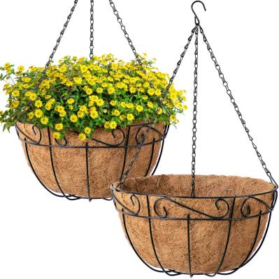 China Durable Material Metal Hanging Planter Basket With Cocos Coir Coating Around Wire Plant Rack With Chain Porch for sale