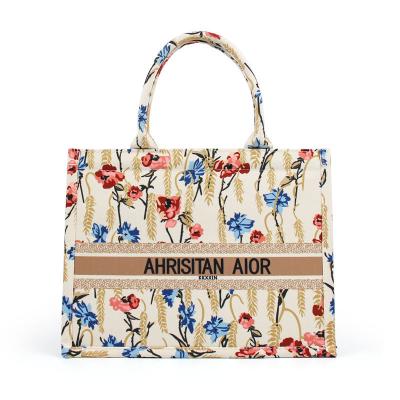 China Recyclable Custom Premium Fashion Ladies Vintage Flowers Printing Canvas Tote Bag Cotton Shopping Bag for sale