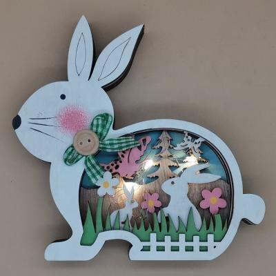 China Factory Supply Modern Easter Rabbit Light Ornament Flower Butterfly LED Ornament Colorful Wooden Animal Rabbit Ornaments for sale