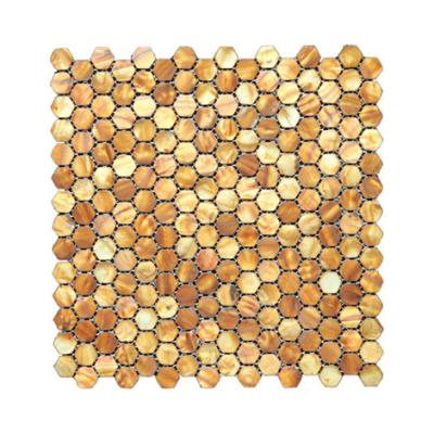 China Shell+9mm Spywood& Hot Selling Resin ABC Stone Yellow Hexagon Stone Shell Backsplash Mosaic Tile Mini Pearlescent Mosaic Floor Wall Tile for sale