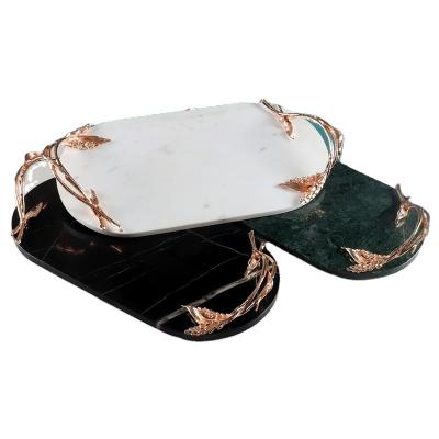 China Factory Direct Sale Luxury Marble Tray Wheat Marble Serving Handle Oval Natural Marble Tray for sale