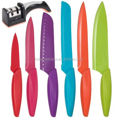 China Multi-Color Stainless Steel Kitchen Knife Set-BONUS Sharpener -6 Chef's Knife, Bread, Cutting, Peeling, Utility and Santoku Multi-Color Knife for sale