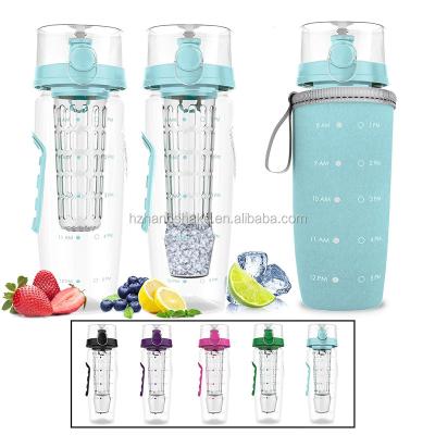 China Large Hydration 32oz Water Bottle Drink Infuser Fruit Tritan Detachable Ice Gel Ball Viable Timeline Tracker With Flip Top Lid for sale