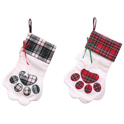 China 2021 Christmas Buffalo Plaid Canvas Durable Cute Lace Bowknot Dog Bone Stocking Red Gray Pet Christmas Stocking for sale