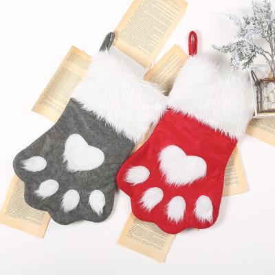 China 2021 New Goods Sublimation Christmas Decor Gray Dog Christmas Stockings Plush Fabric Cat Claw Pet Christmas Stocking for sale