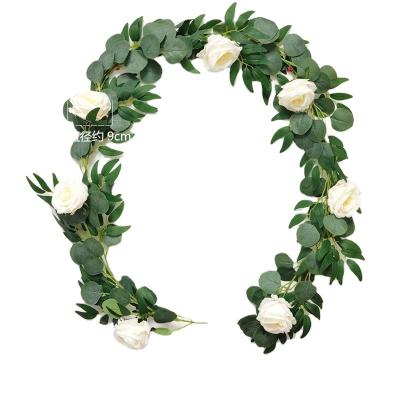 China Wedding celebration artificial eucalyptus garland with white roses artificial flower table runner for sale