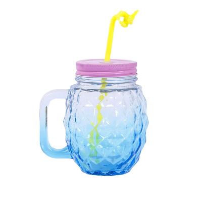 China Unique 480ml Freshness Retention Ball Shaped Pineapple Embossing Empty Iced Drinks Glass Mason Jar With Handle for sale