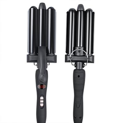 China LCD Display Hot Selling 3 Barrels 1 Inch Tourmaline Wand Beach Curling Ceramic Triple Barrel Mermaid Hair Curler Hair Curler Crimper Iron for sale