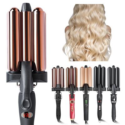 China LCD Display Large Three Barrel Ceramic Ionic Wave Hair Curler Automatic LCD Curling Iron Hair Bling Wave Hair Curler for sale