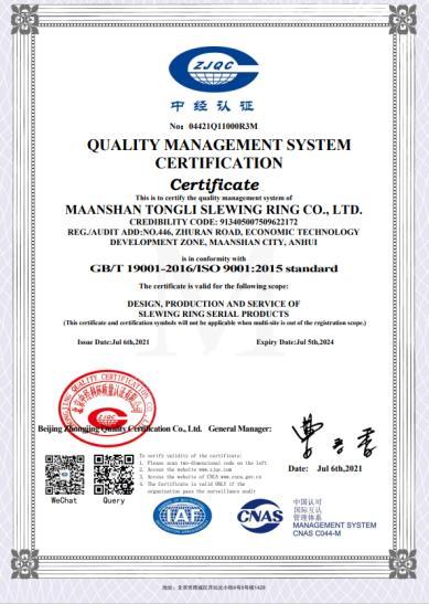 ISO9001 - Maanshan Tongli Slewing Ring Co., Ltd.