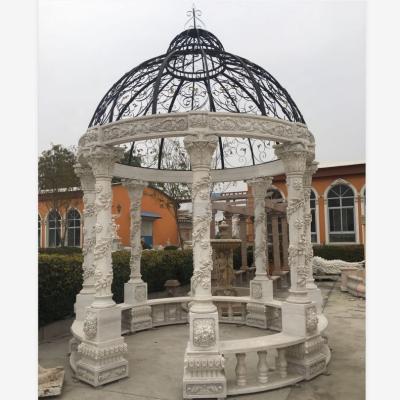 China Durable And Artistic Hand Carved Marble Garden Column Gazebo With Steel Iron Art Top Design for sale