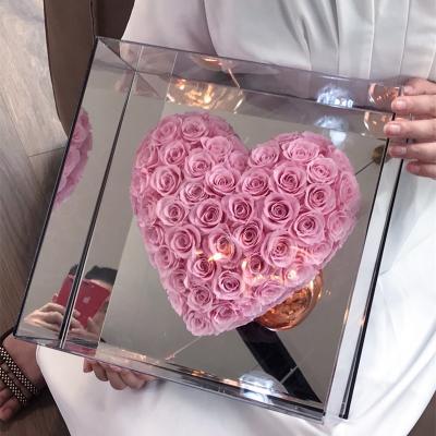 China Roses Preserved Forever Flower Mirror Heart Shaped Gift Box Striking Acrylic Flower Box 214 Valentine's Day Christmas Gift for sale