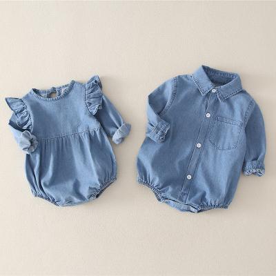 China Polyester/Cotton Toddler Boys Long Sleeve Cotton Denim Shirt Romper Ruffle Denim Baby Romper for sale