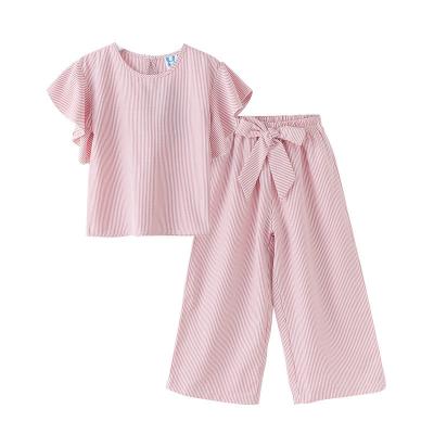 China Kid Plus Size Girls Suit Summer Blue Striped Loose Wide Leg Pants Two Piece Casual Kids Clothing Set for sale