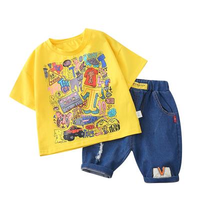 China New Summer Casual Children's Clothing Kids Boys Short Sleeve Printed T-shirt And Denim Shorts 2 Piece Sets For Baby for sale