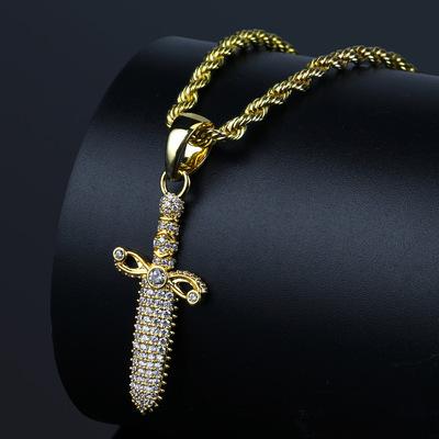 China Long Color Keeping 2021 Hot Selling Brass Zircon Hiphop Style Mens Jewelry D.C.A. Pendant Necklaces Poniard Dagger Necklace for sale