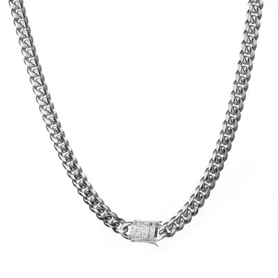 China 5A Plated By Verena Dropshipping Non-fading CZ Hip Hop Silver Iced Out Diamond Buckle Necklace Miami Stainless Cuban Link Steel Chain for sale