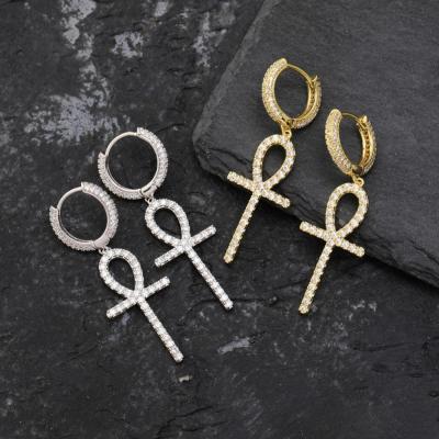 China Verena Jewelry Luxury Iced Out Diamond Gold Plated Cross Hoop Earrings For Women for sale