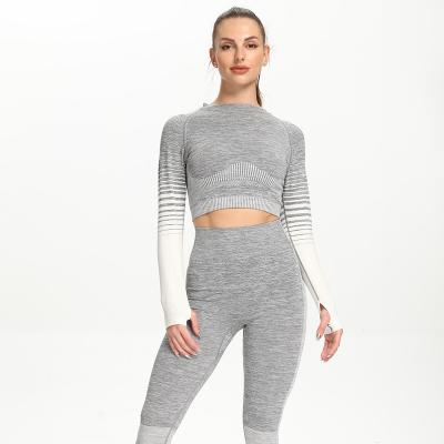 China Manufacturers Breathable Custom Amazon Hot Sales Wholesale Knit Stripe Crop Suit Tight Sports Long Sleeve Jacket Yoga Set for sale