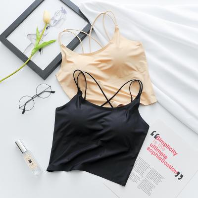 China Anti-pilling spaghetti tie up crop top women yoga pads yoga workout sports removable bra top women nylon tank top for sale