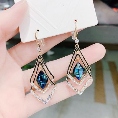 China New Silver Geometric Female Ear Hook Long Diamond Earrings Temperament Net Red Vintage Needle Fashion for sale