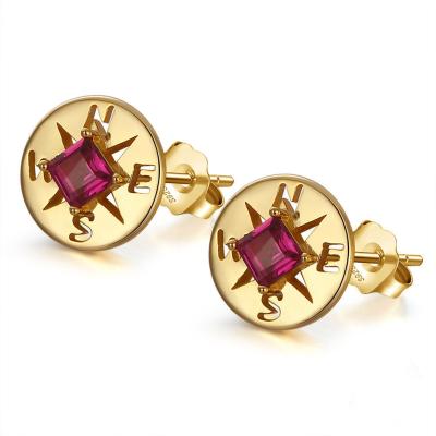 China FASHIONABLE Natural Jewelry 925 Sterling Silver Stud Earrings 14K Gold Compass Hollow Garnet Earrings for sale