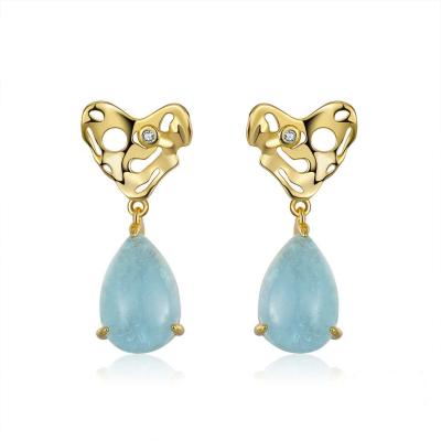 China Vintage Sky Blue Baby Blue Sea Stone Stud Earrings 14K Gold Heart Shaped Earrings Jewelry 925 Sterling Silver Stud Earrings for sale