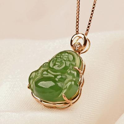 China Religious 18K Gold Inlaid Hetian Jade Buddha Necklace for sale