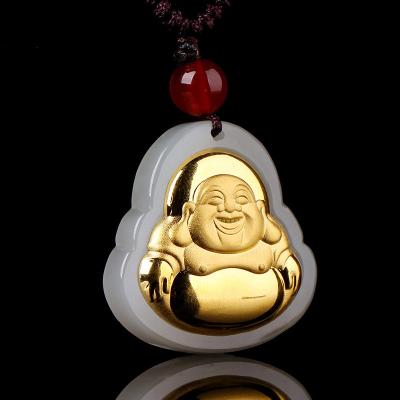 China Religious Gold Inlaid Hetian Jade A Cargo Buddha Pendant for sale